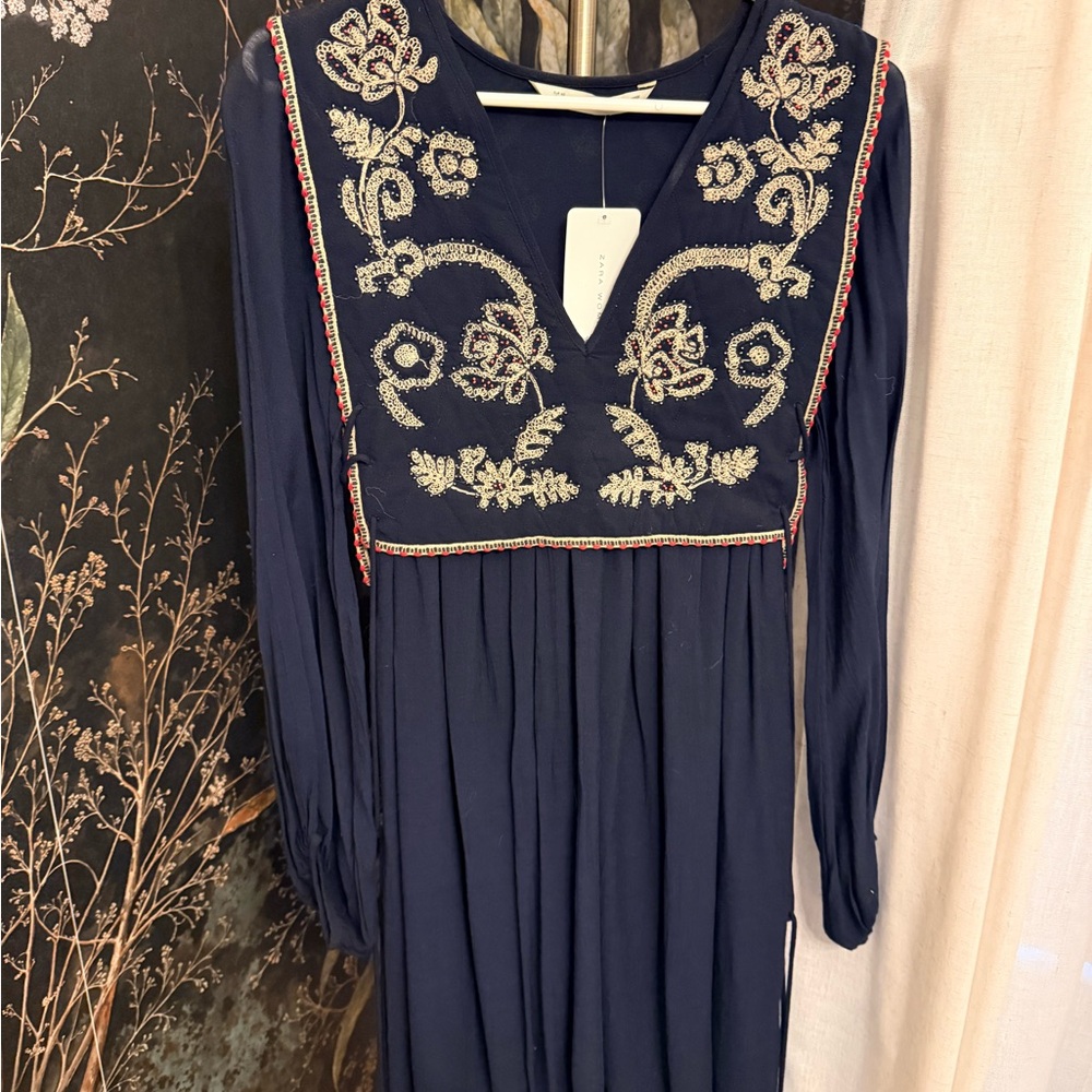 Zara Navy Blue Long Sleeve Dress with Embroidery